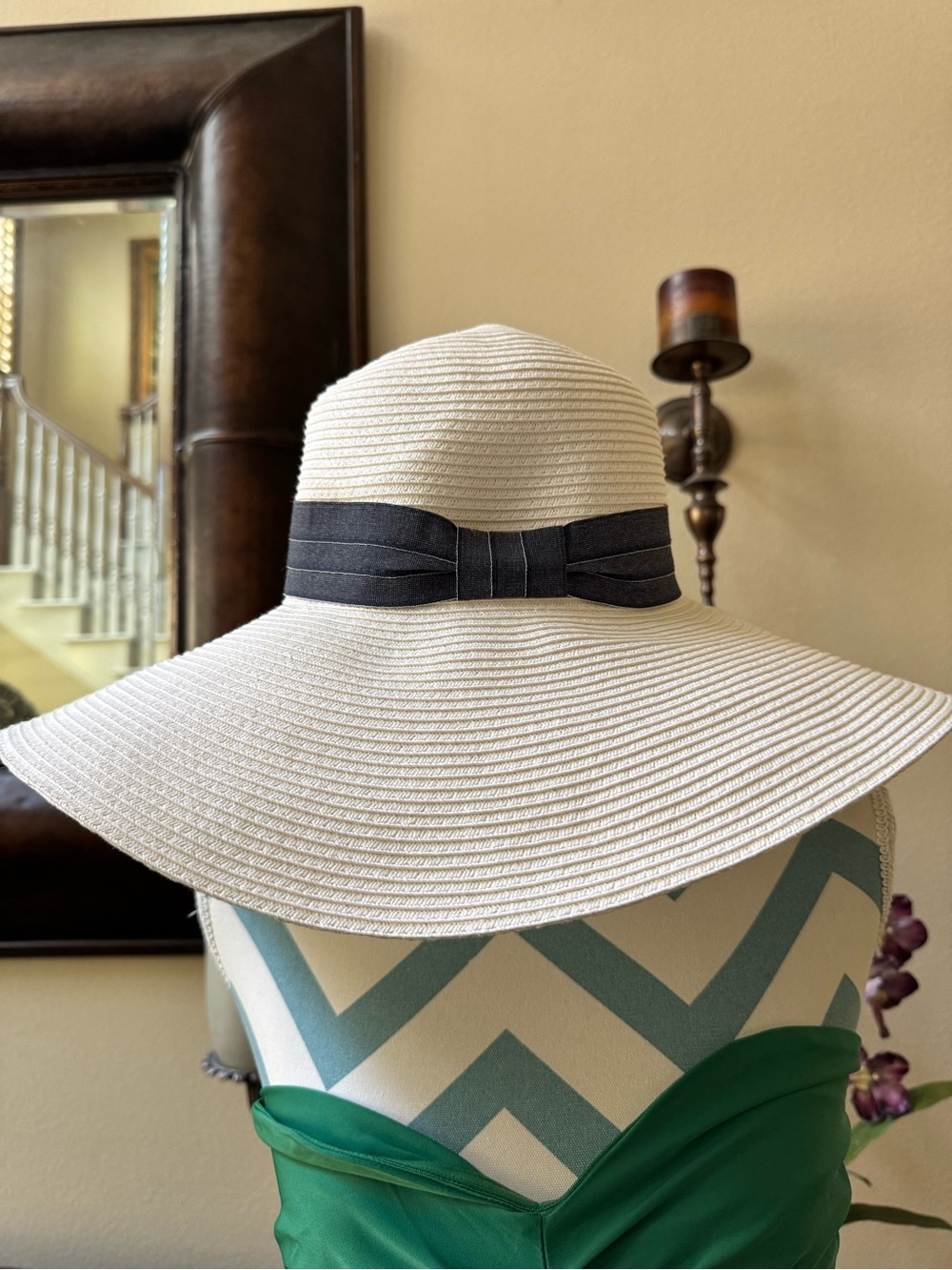 Women's Wide-Brim Sun Hat with Black Ribbon Trim - White